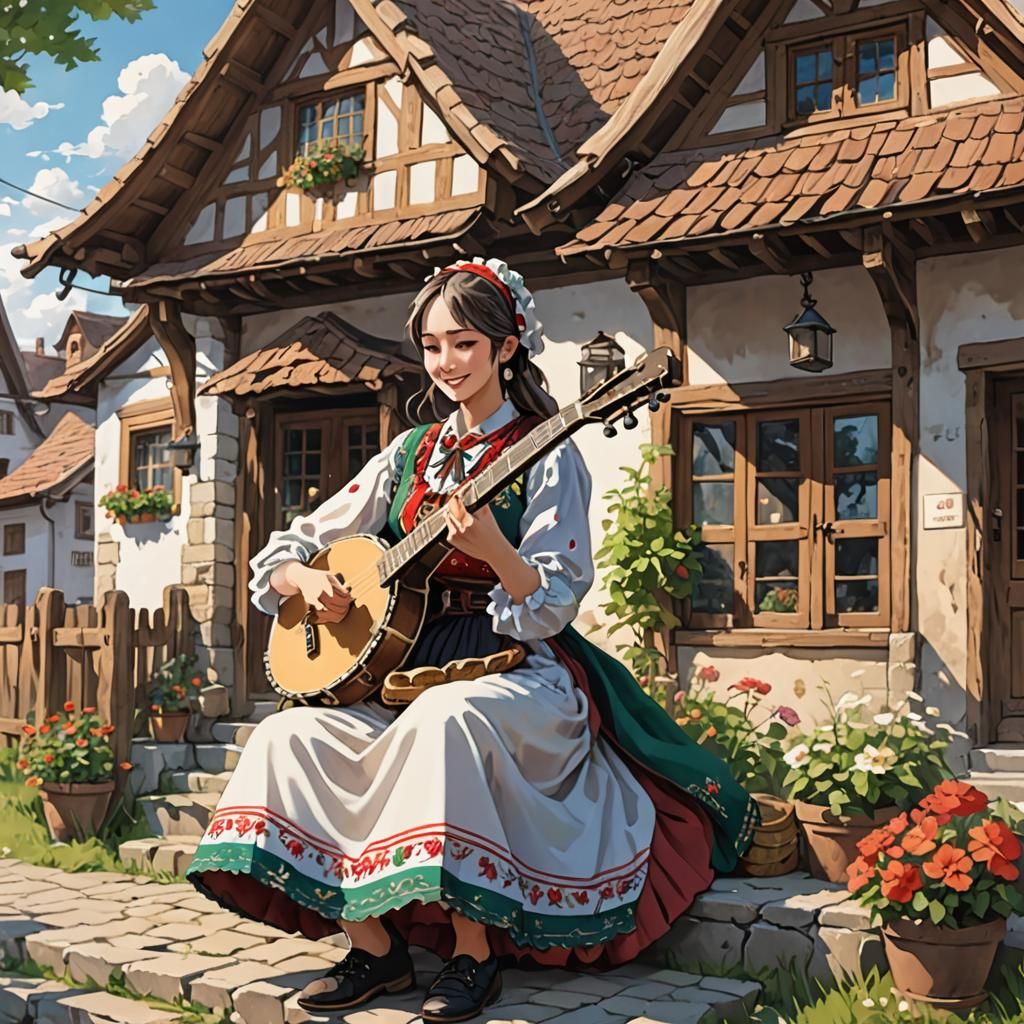 Hungarian Woman Plays Banjo: Anime-Inspired Art