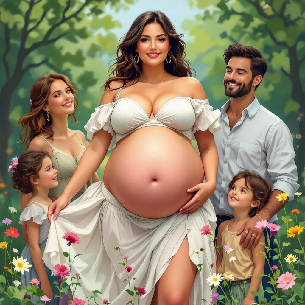 Woman with Large Belly in Botanical Art Style