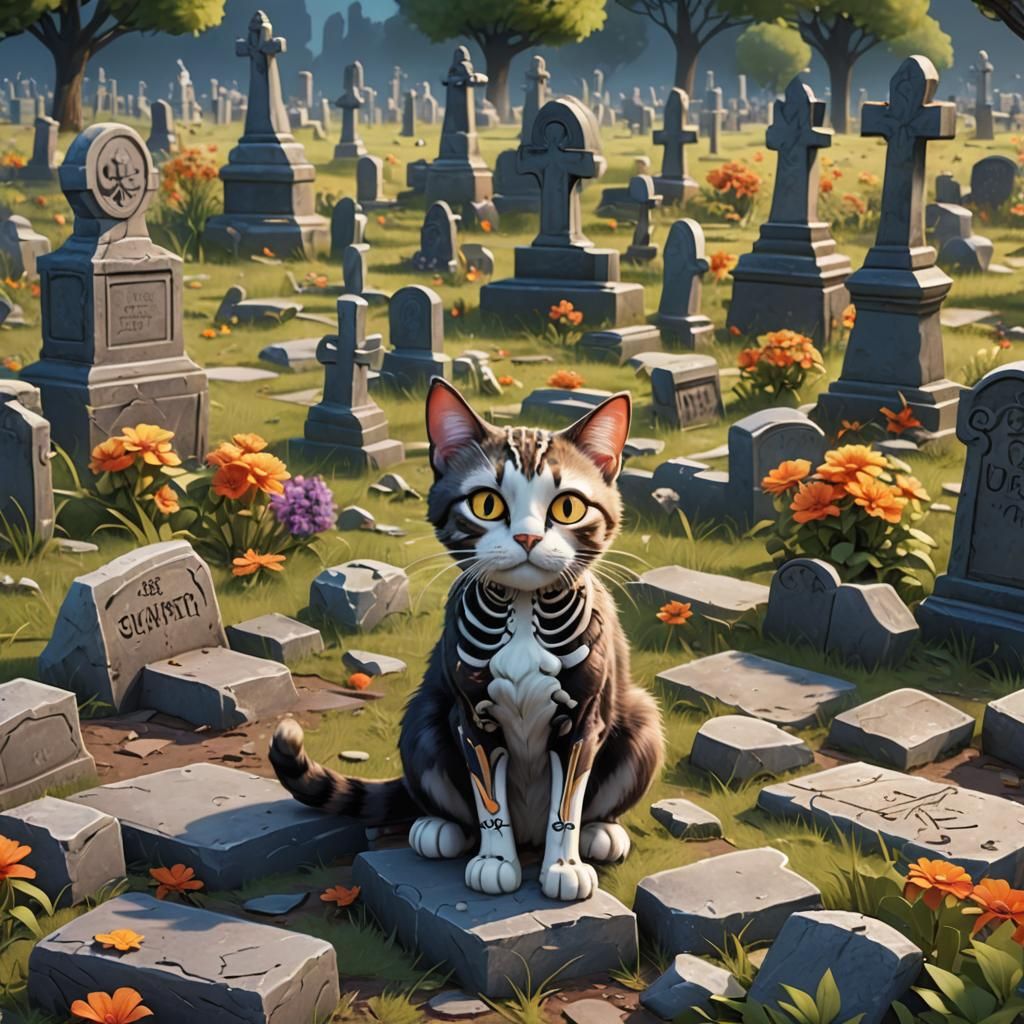 Half Skeleton Cat in Pixar Cartoon Style