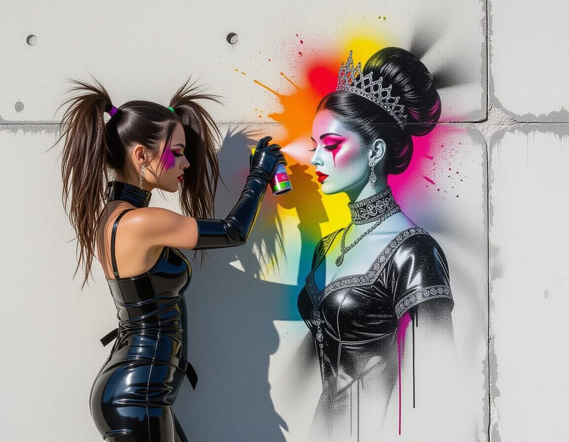 Artist Spray-Painting Herself onto Concrete Wall