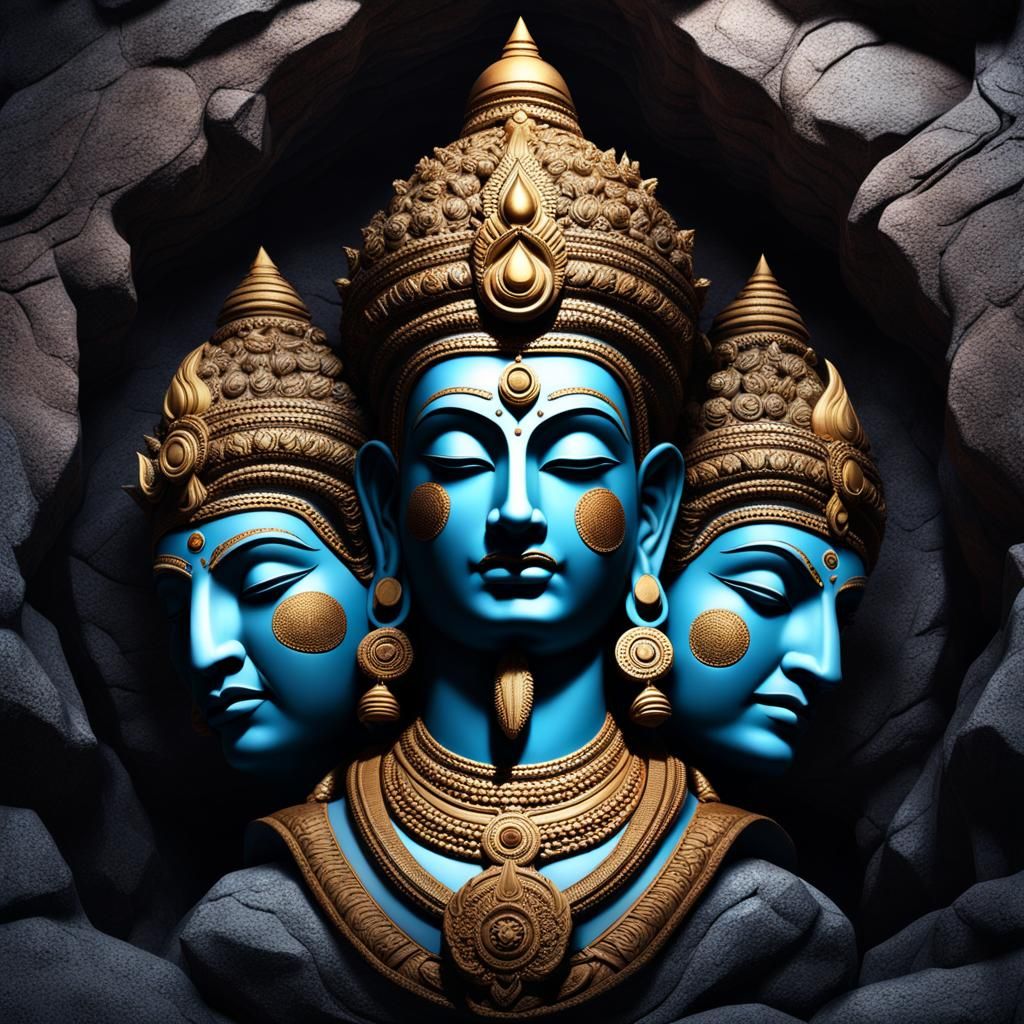 Shiva Trimurti Stone Carving on Gloomy Mountain