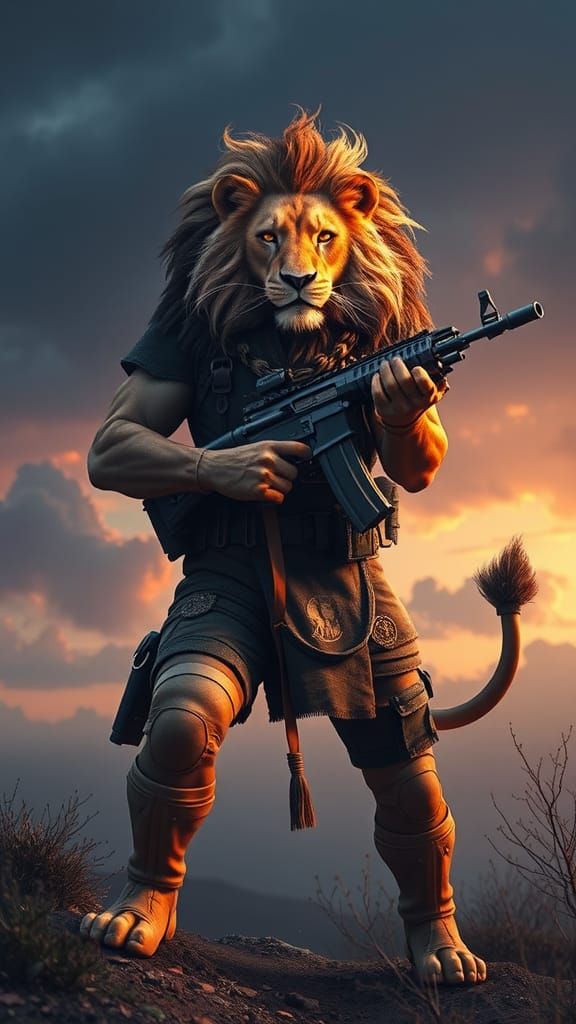 Lion-Soldier Hybrid in Army Uniform: Matte Painting