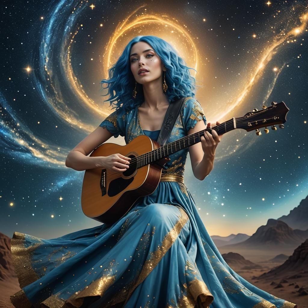Alien Woman with Blue Hair Singing and Playing Guitar