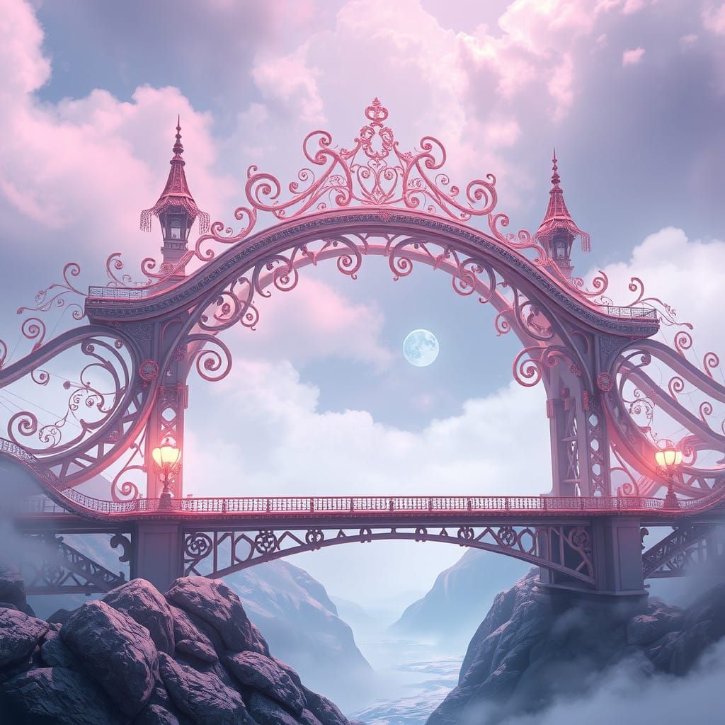 Ethereal Japanese-Inspired Bridge in Vibrant, Stylized Detai...