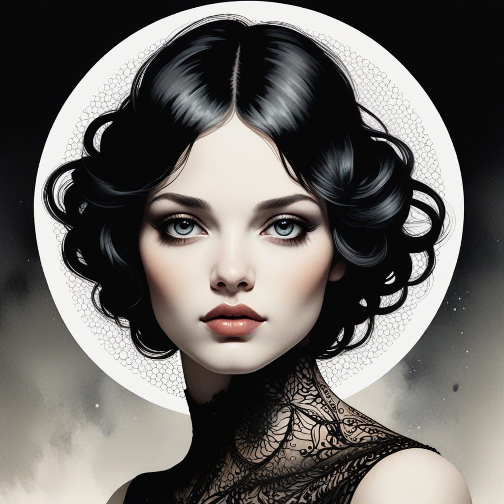 Watercolor Portrait with Intricate Filigree and Halftone Cir...