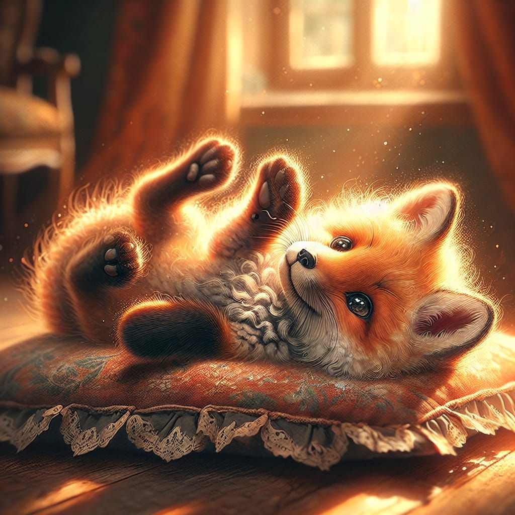Charming Fox Cub on Pillow as Matte Painting