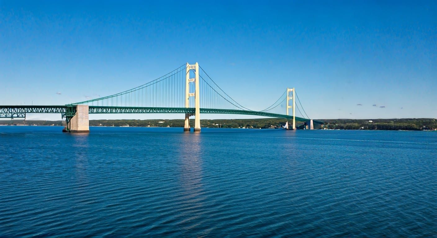 Michigan's Iconic Mackinac Bridge in Aerial Panorama