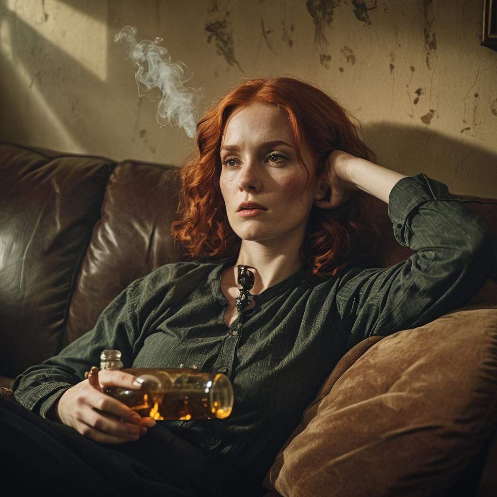 Cinematic Film Still of Woman on Sofa