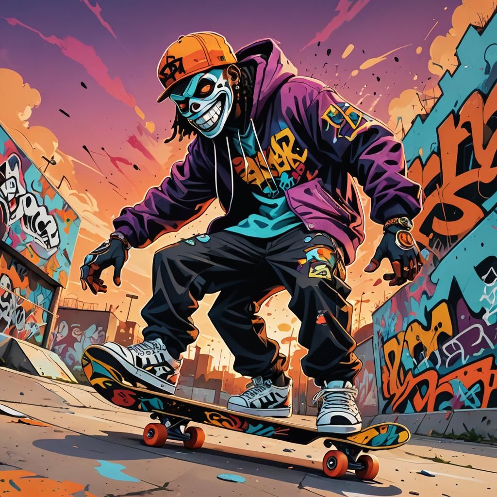 Hip Hop Skater in Abstract Urban Graffiti Art