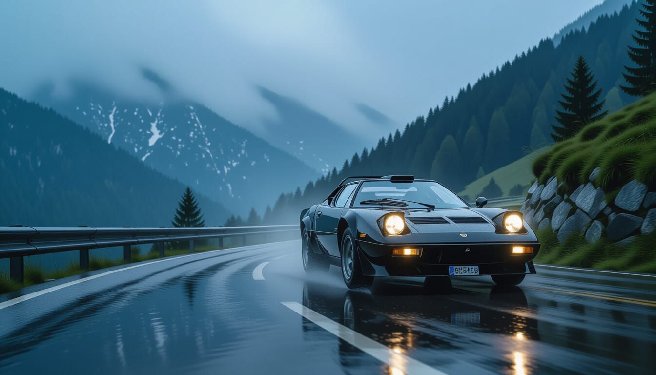 Lancia Stratos in Dolomites: Neo-Impressionistic Gouache