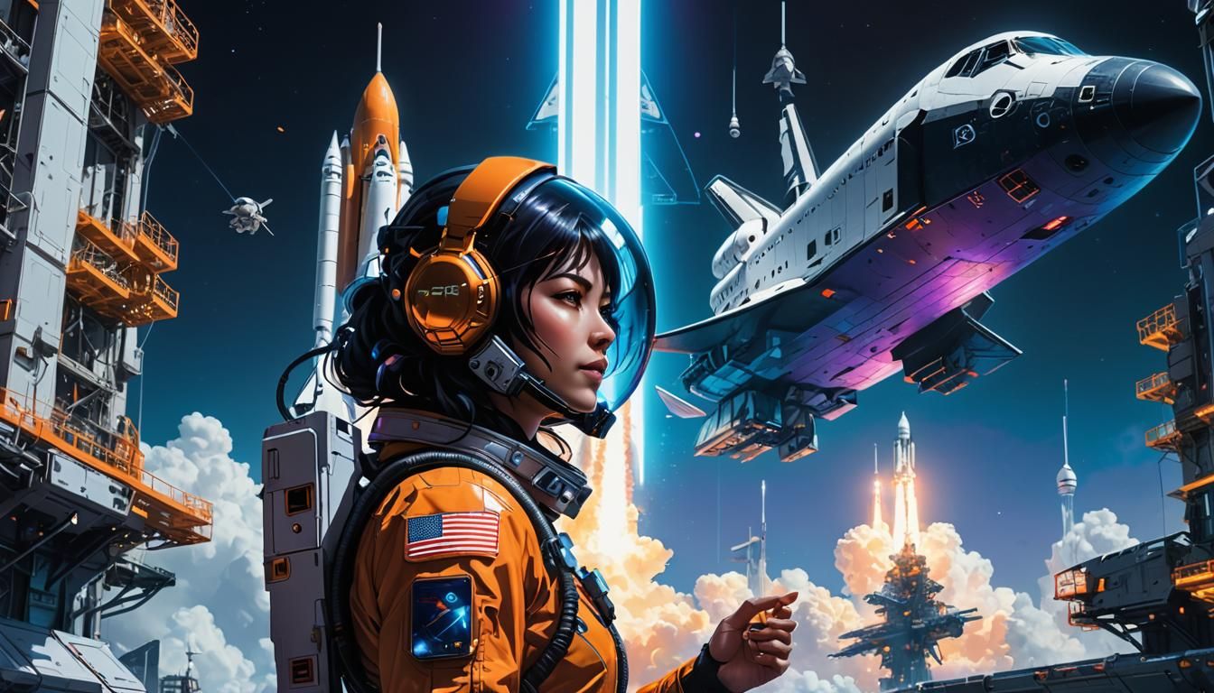 Cyberpunk Astronaut and Futuristic Space Shuttle