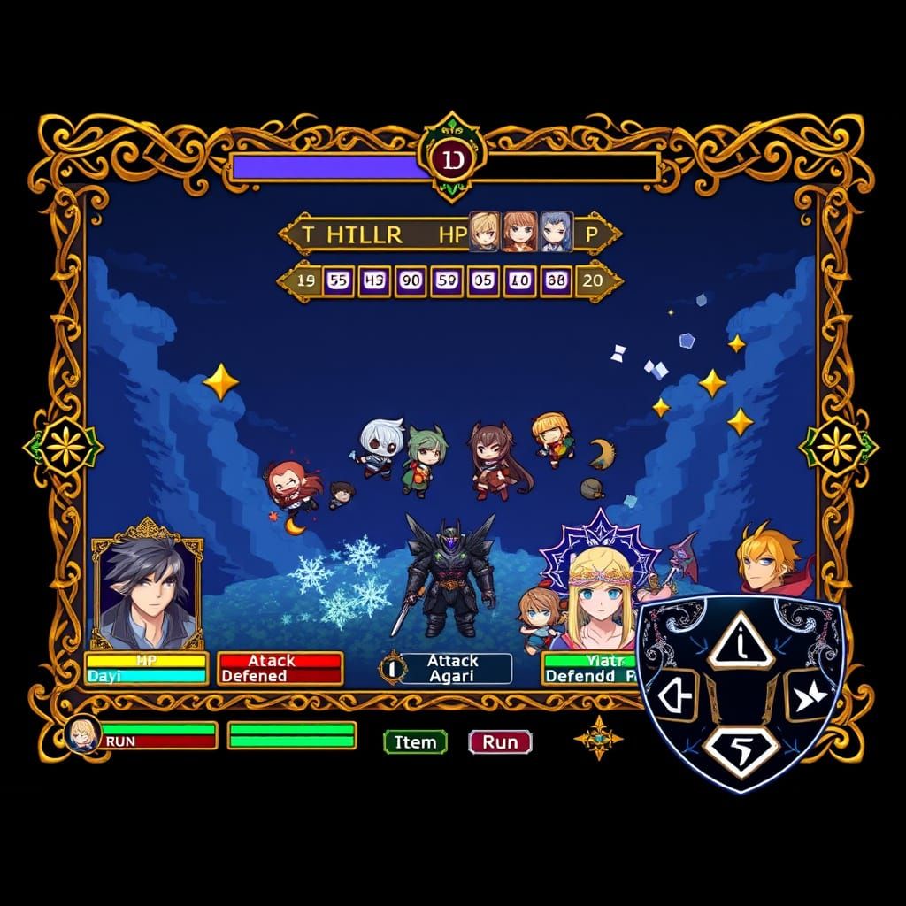 Epic 16-Bit JRPG Battle Screen with Ancient Magic Symbols