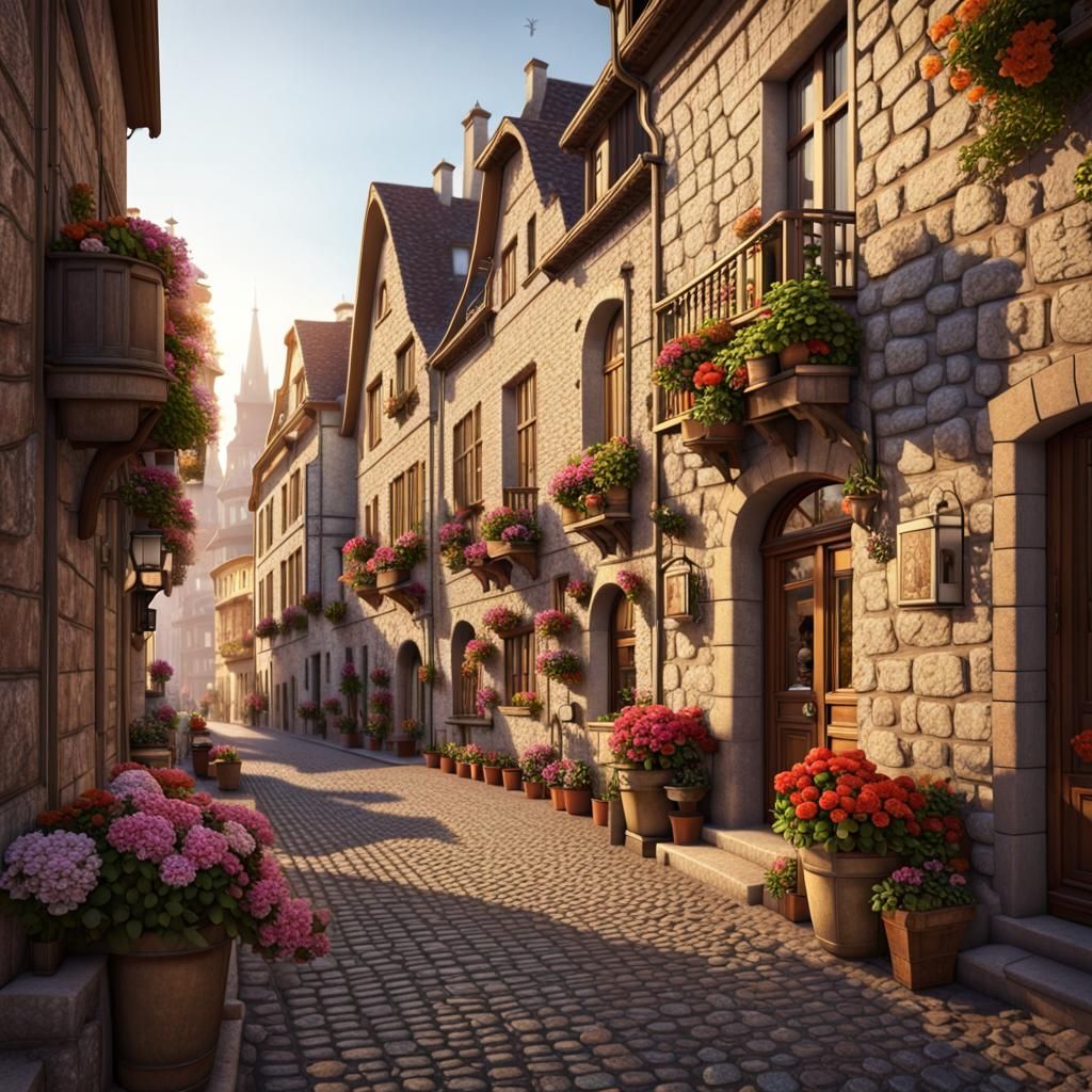 European Town Cobblestone Street in Golden Hour