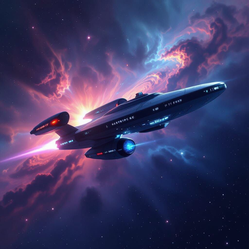 USS Enterprise Soars Through Cosmic Nebulae