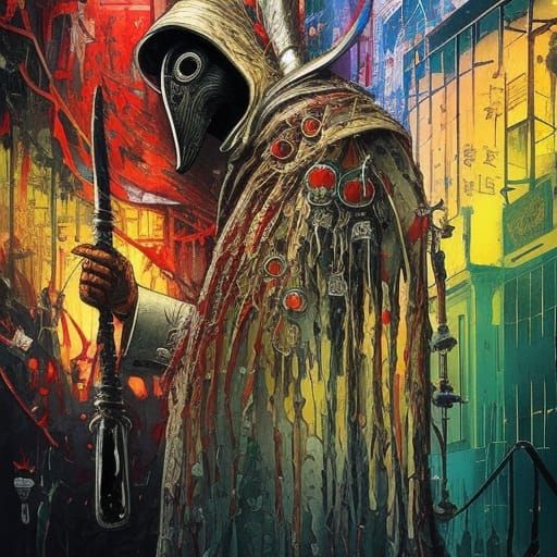 Plague Doctor in Dystopian Street: Medical Horror