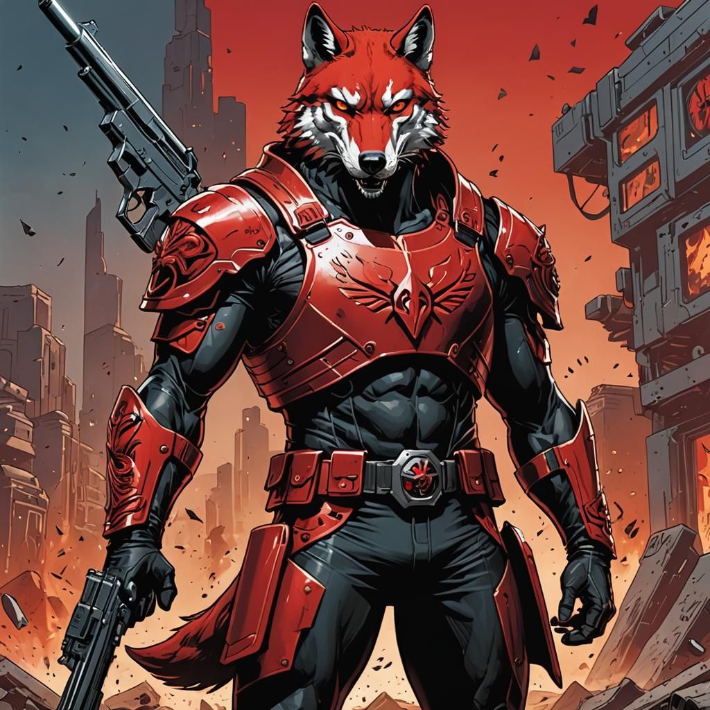 Wolf Masked Vigilante in Destroyed City, Comic Book Art