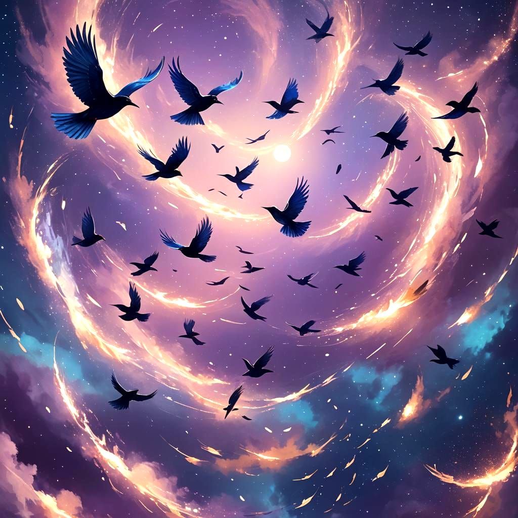 Colorful Birds Fly in Heart-Shaped Sky