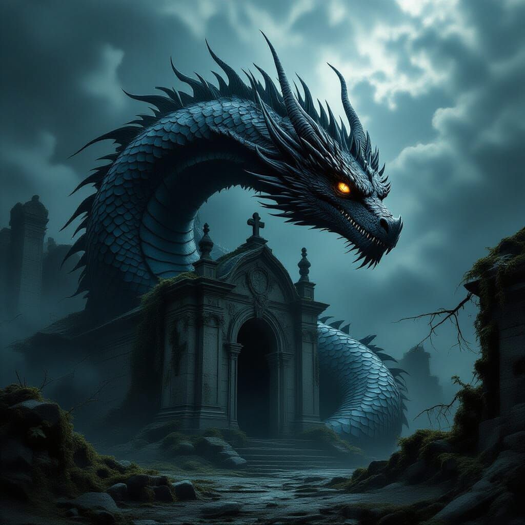Ancient Obsidian Dragon Guards Gothic Mausoleum in Dark Surr...