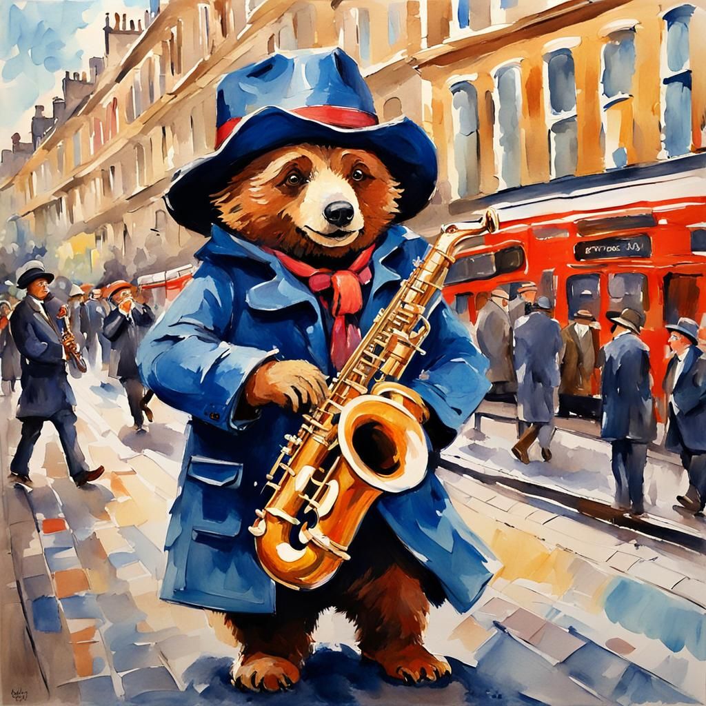 Paddington Bear Busking in London: Gouache Watercolor