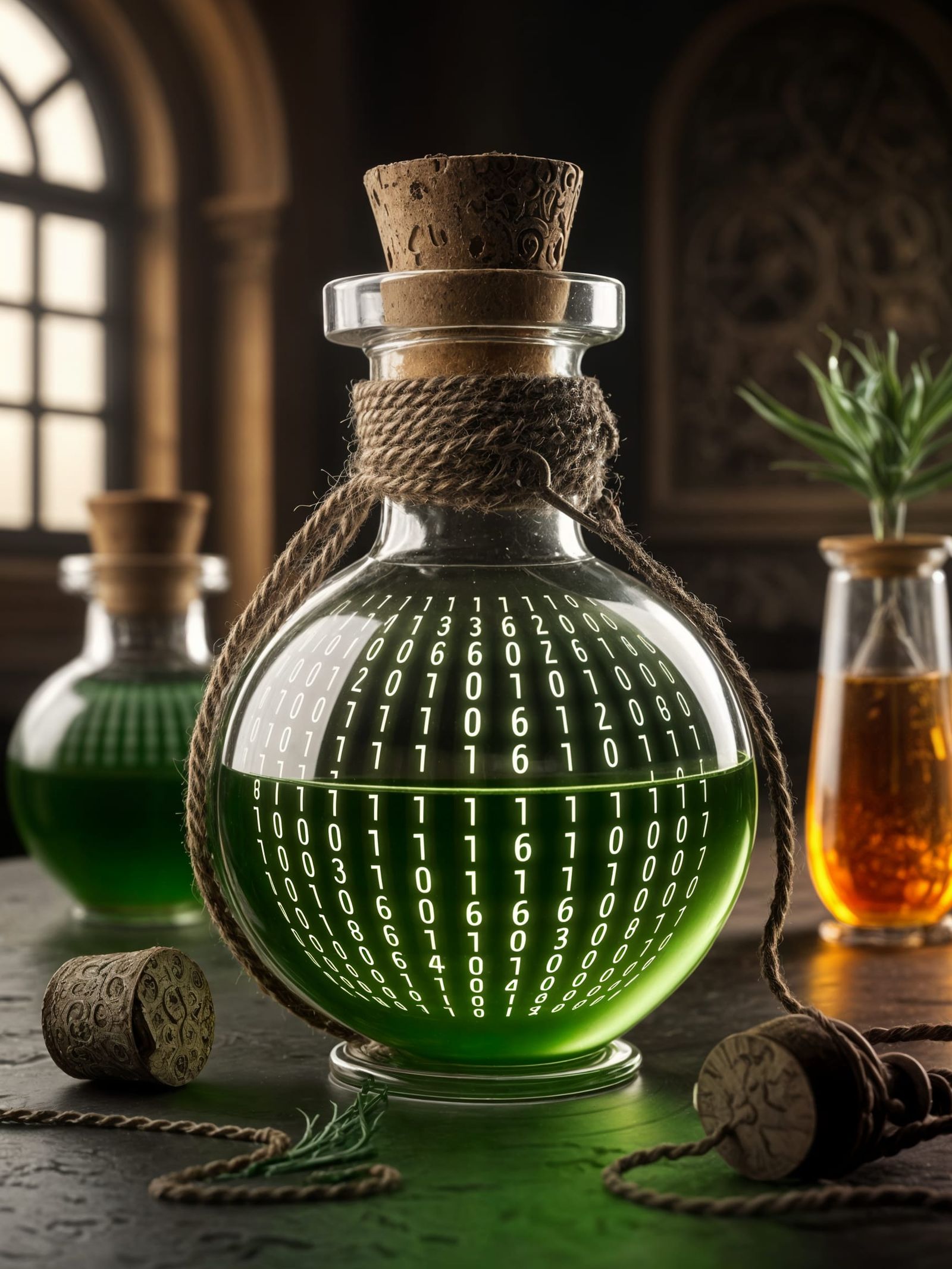 Matrix Code Potion Bottle in Medieval Setting