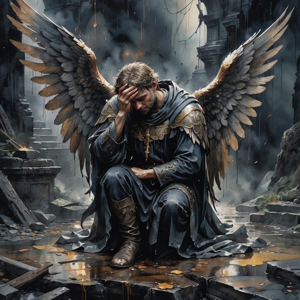 Sorrowful Angel Kneeling in Dark Watercolor Art