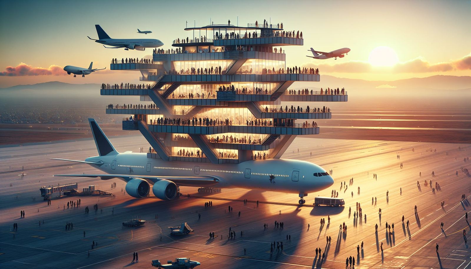 Multi-Story Airplane with Observation Deck at Sunset