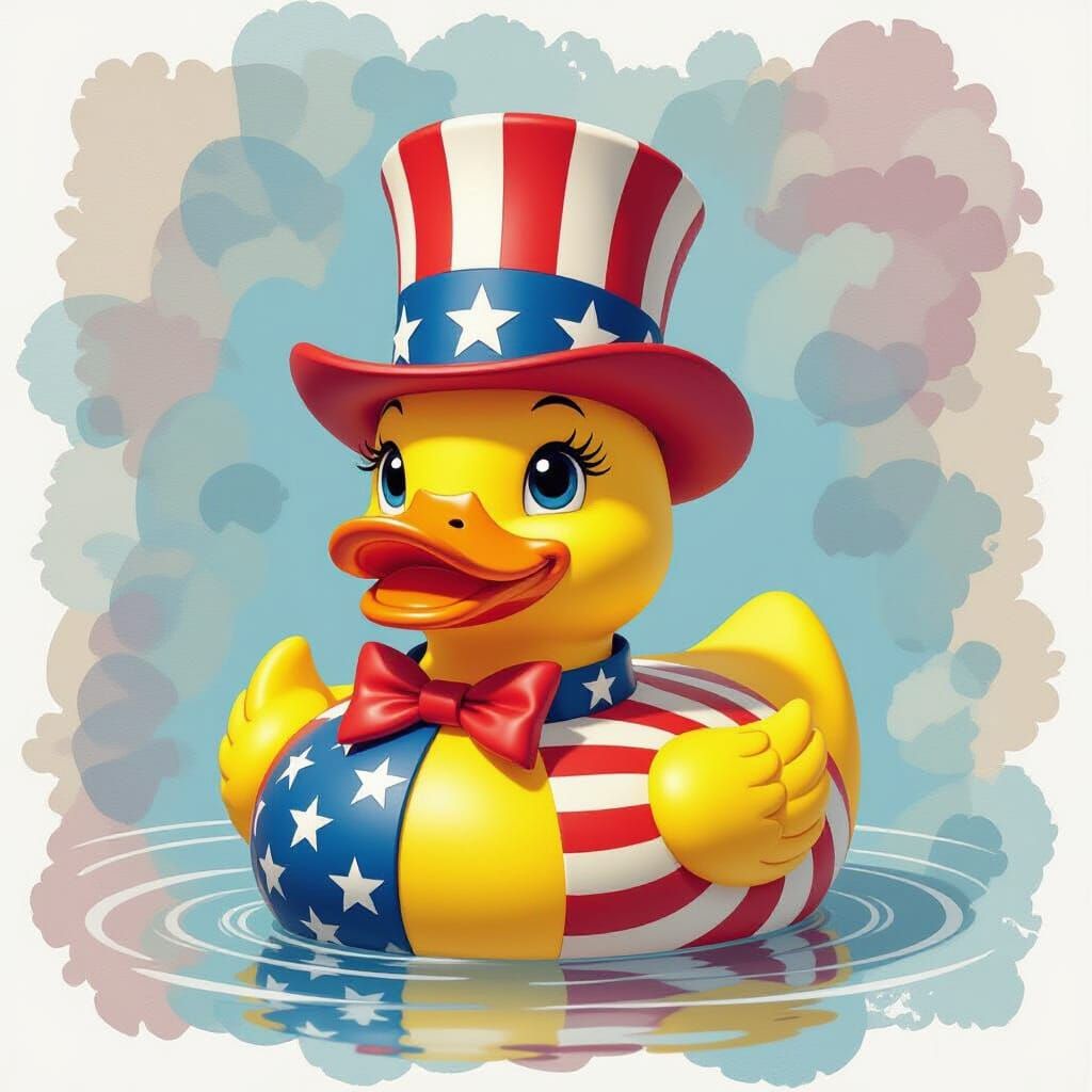 wet watercolor of a rubber duck wearing an Uncle Sam hat and dressed in American Flag.