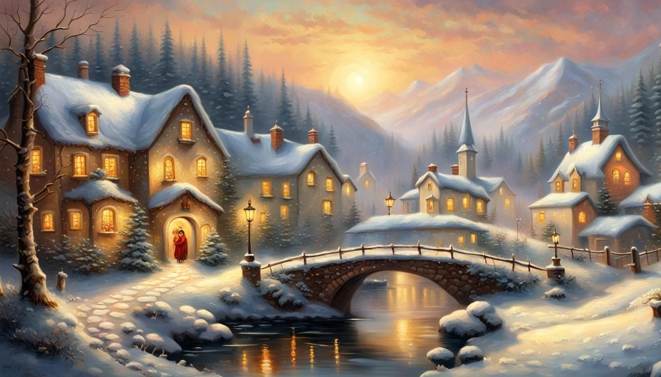 Snowy Village Bridge: Detailed Baroque Oil Painting