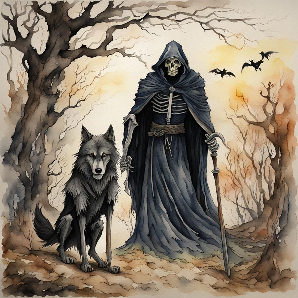 Grim Reaper and Old Wolf in Watercolour Style