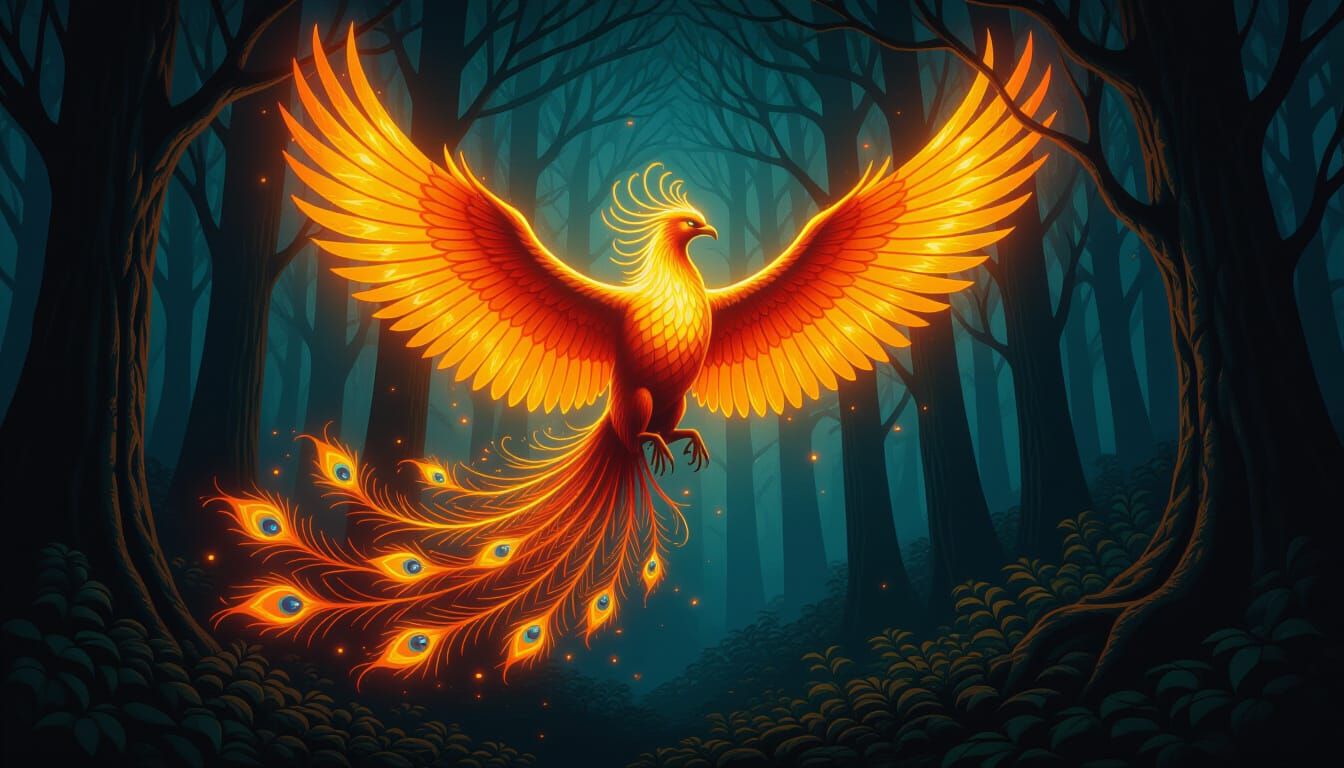 Phoenix Ascending in a Dark Forest Oil Painting