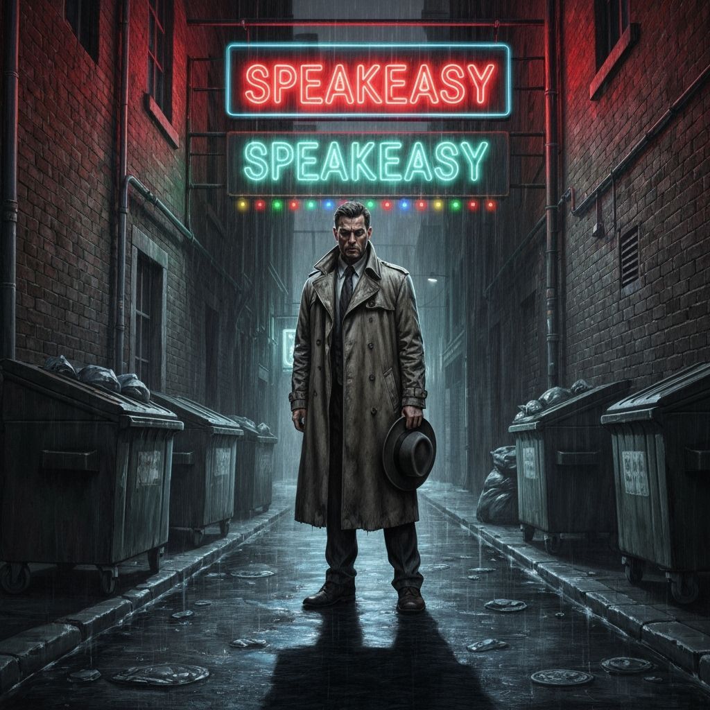 Hyperrealistic Detective in Rain-Slicked Alleyway