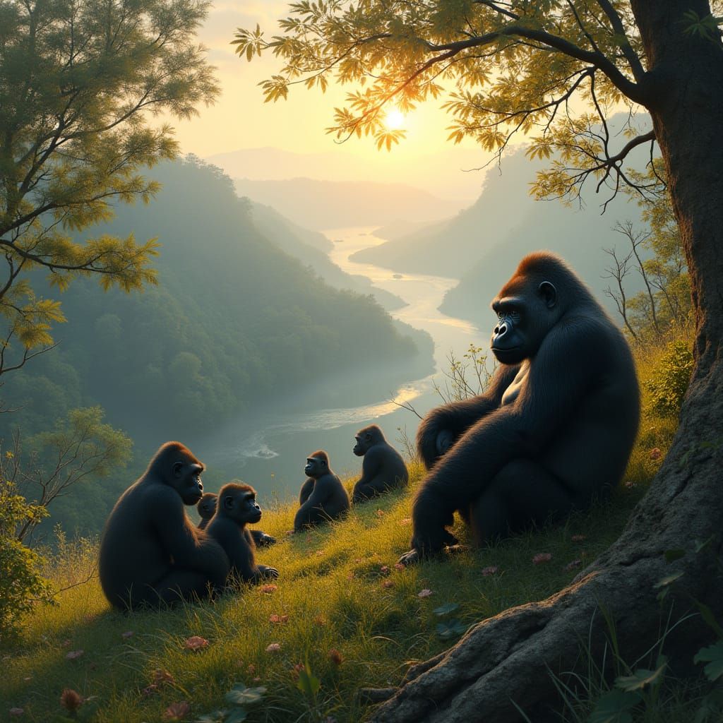 Gorillas Lounging on Hillside at Dawn: Landscape Painting