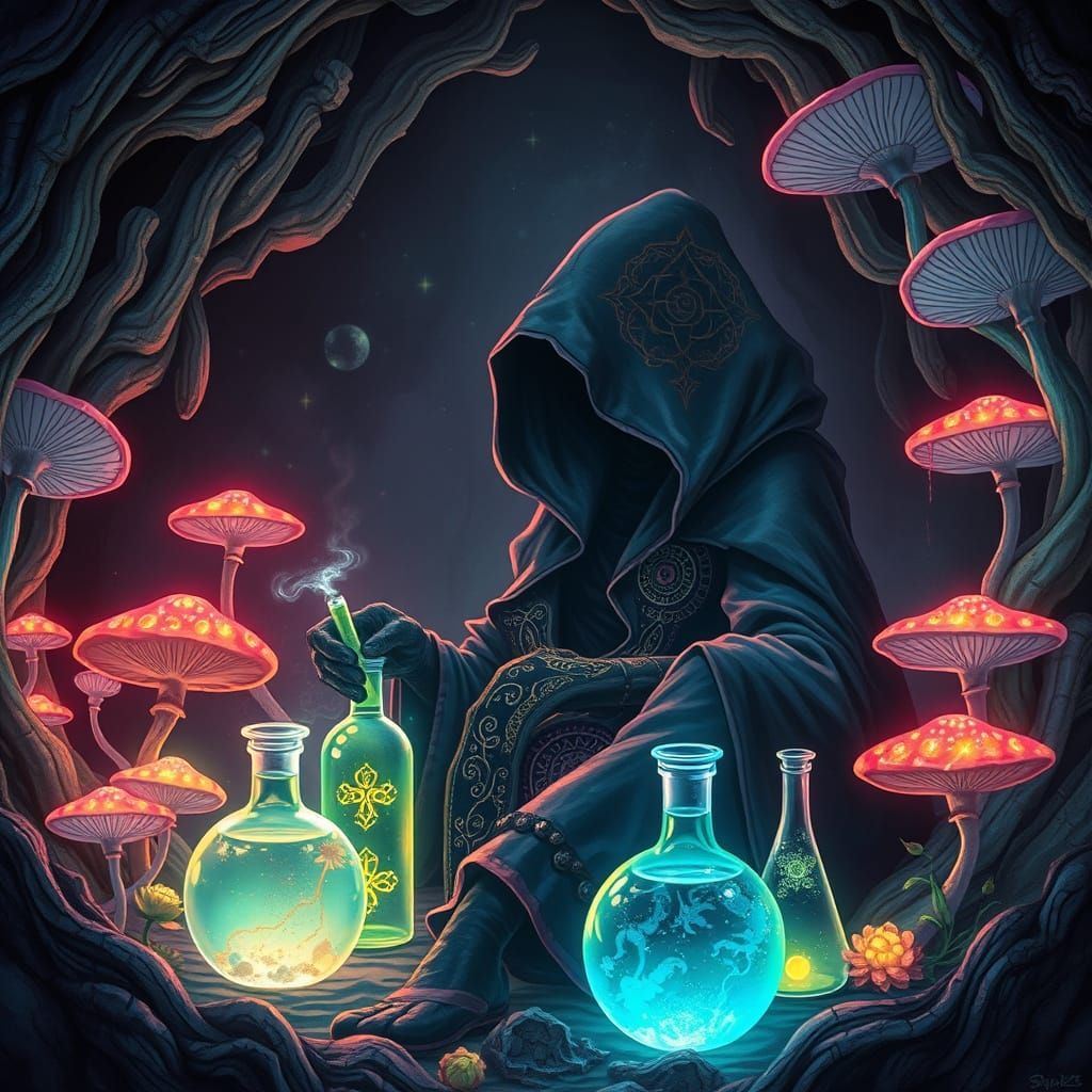 Surreal Spider Alchemist in a Glowing Bioluminescent Cavern