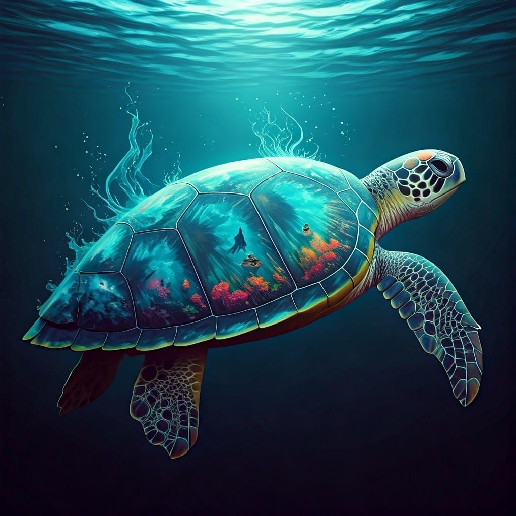 Majestic Sea Turtle in Glowing Bioluminescent Shell