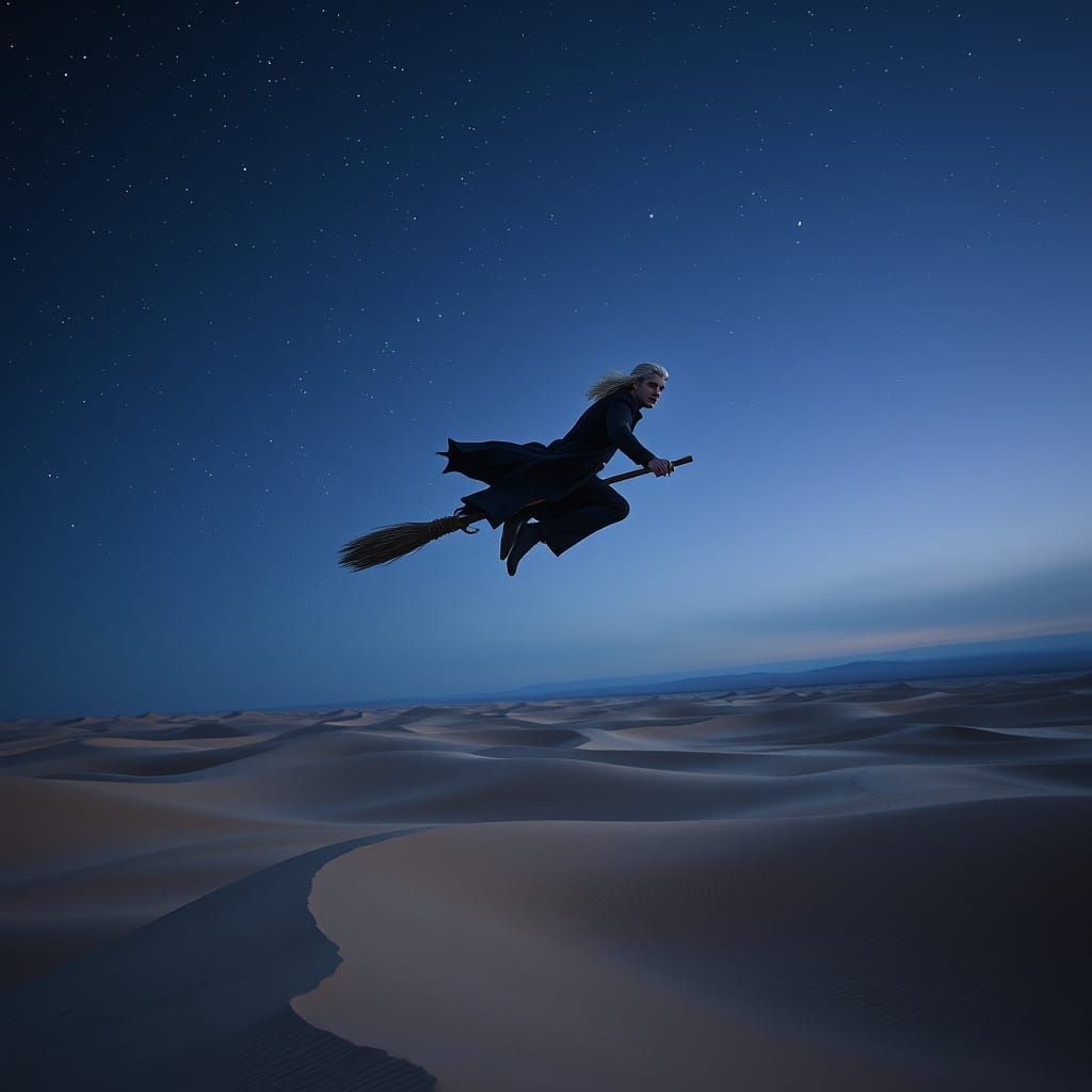 Surreal Nighttime Desert Scene with Flying Figure