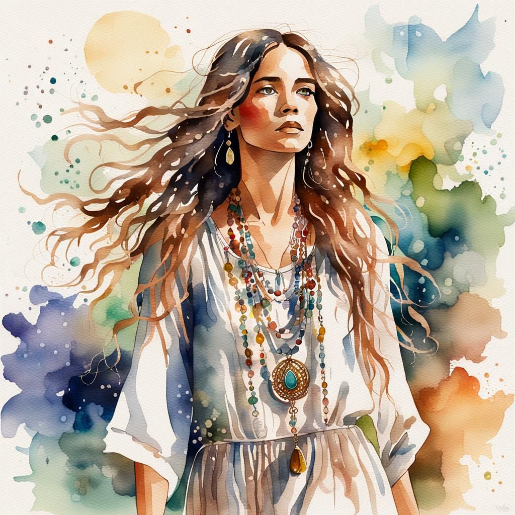 Watercolor Painting of a Bohemian Woman with Jewelry