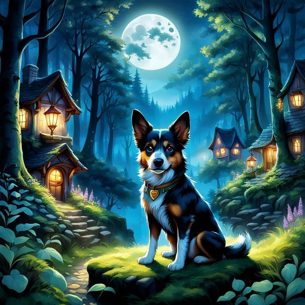 Enchanted Dogs Transform in Moonlit Forest