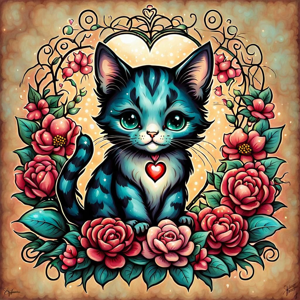Cute Cat Surrounded by Flowers and Heart Lights