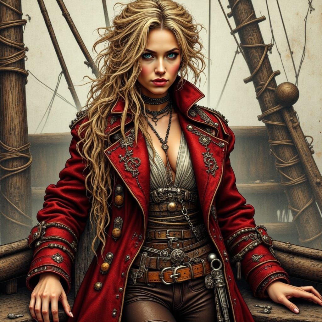 Regal Pirate Maiden in Crimson Coat