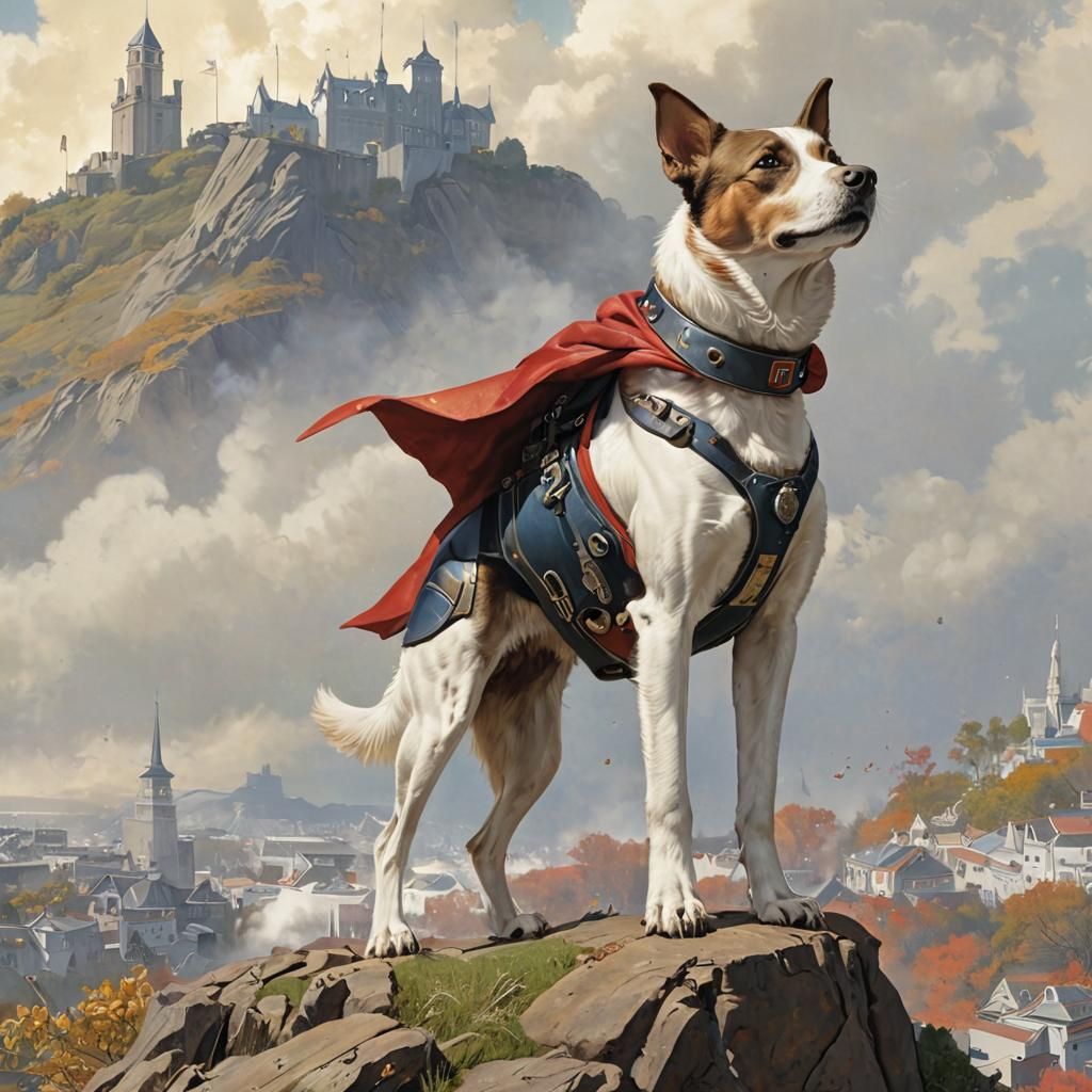 Art by Norman Rockwell and Yoshitaka Amano, loyal dog in superhero armor, standing proudly atop a hill, cape billowing i...