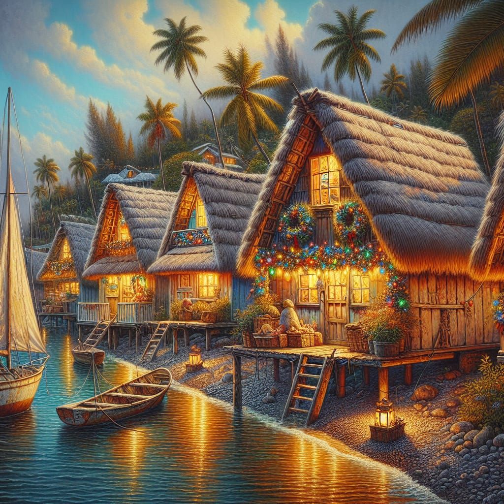 Rustic Coastal Huts in Polynesian Christmas Glow