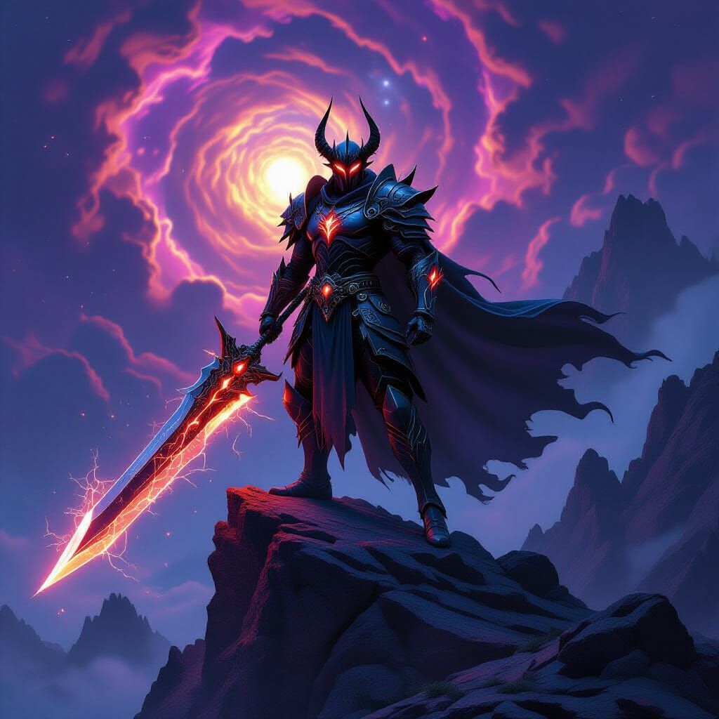 Demon Warrior in Obsidian Armor Overlooking Nebula