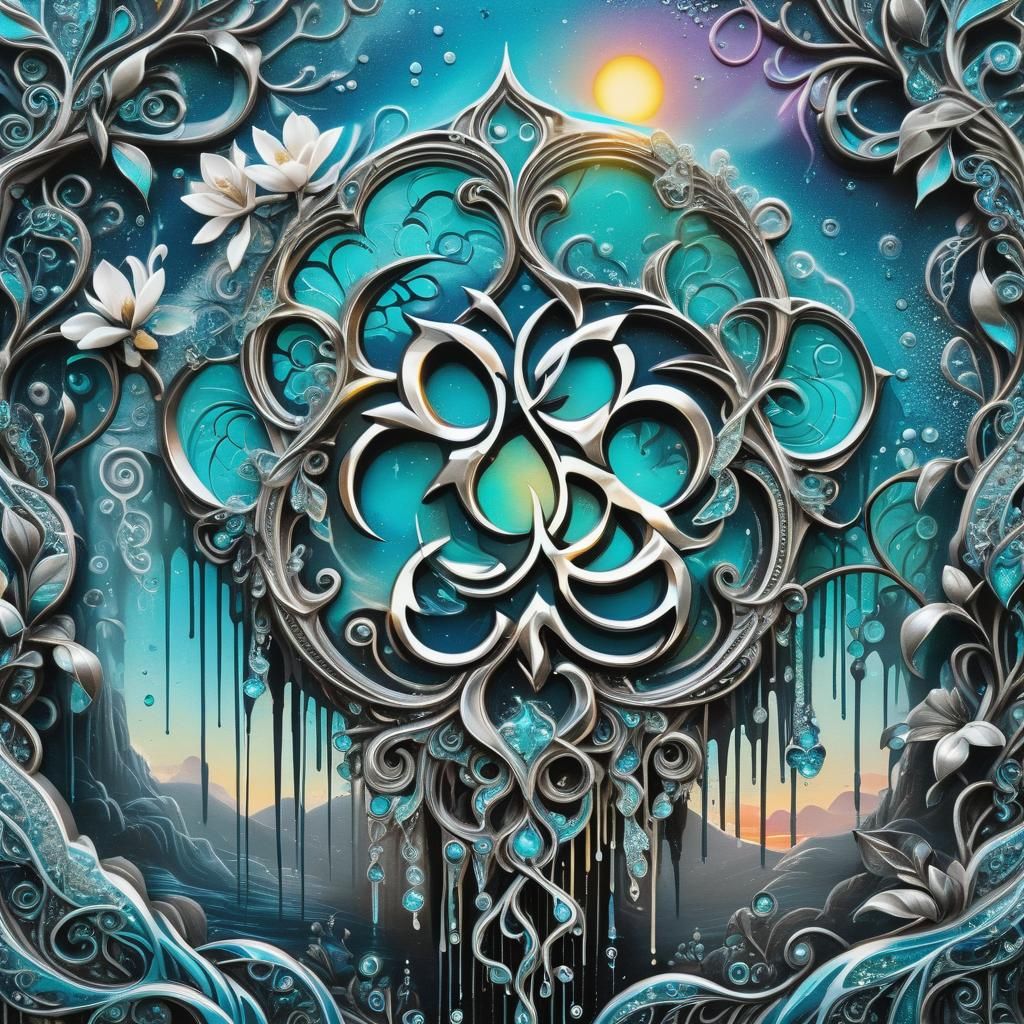 biohazard glitter filigree iridescent aqua silver yellow bla...