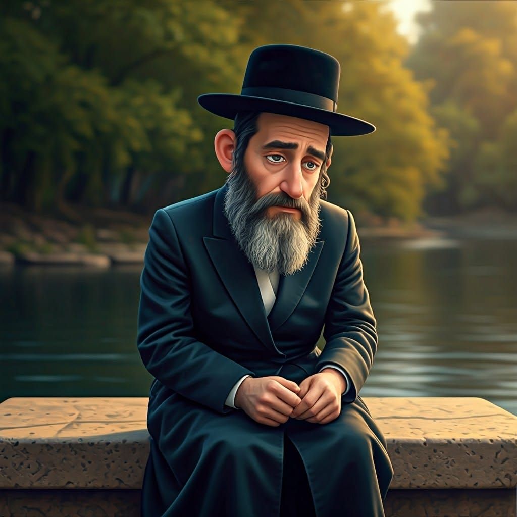 Sorrowful Rabbi Contemplates by River's Edge