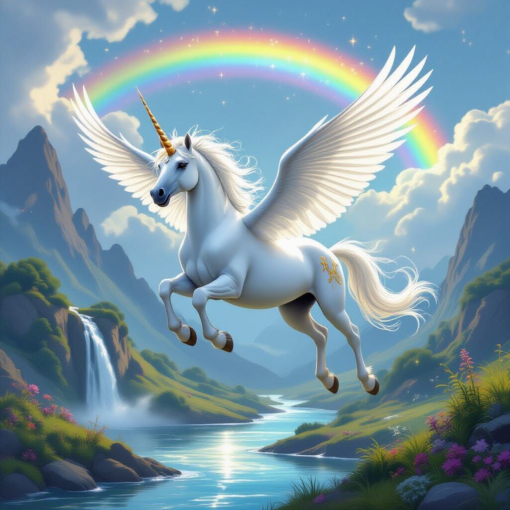 White Unicorn Flies Over Fairytale Landscape