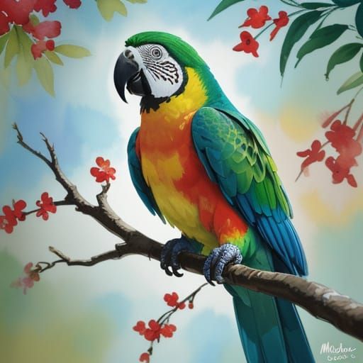 Colorful Parrot on Branch in Impressionist Gouache Style