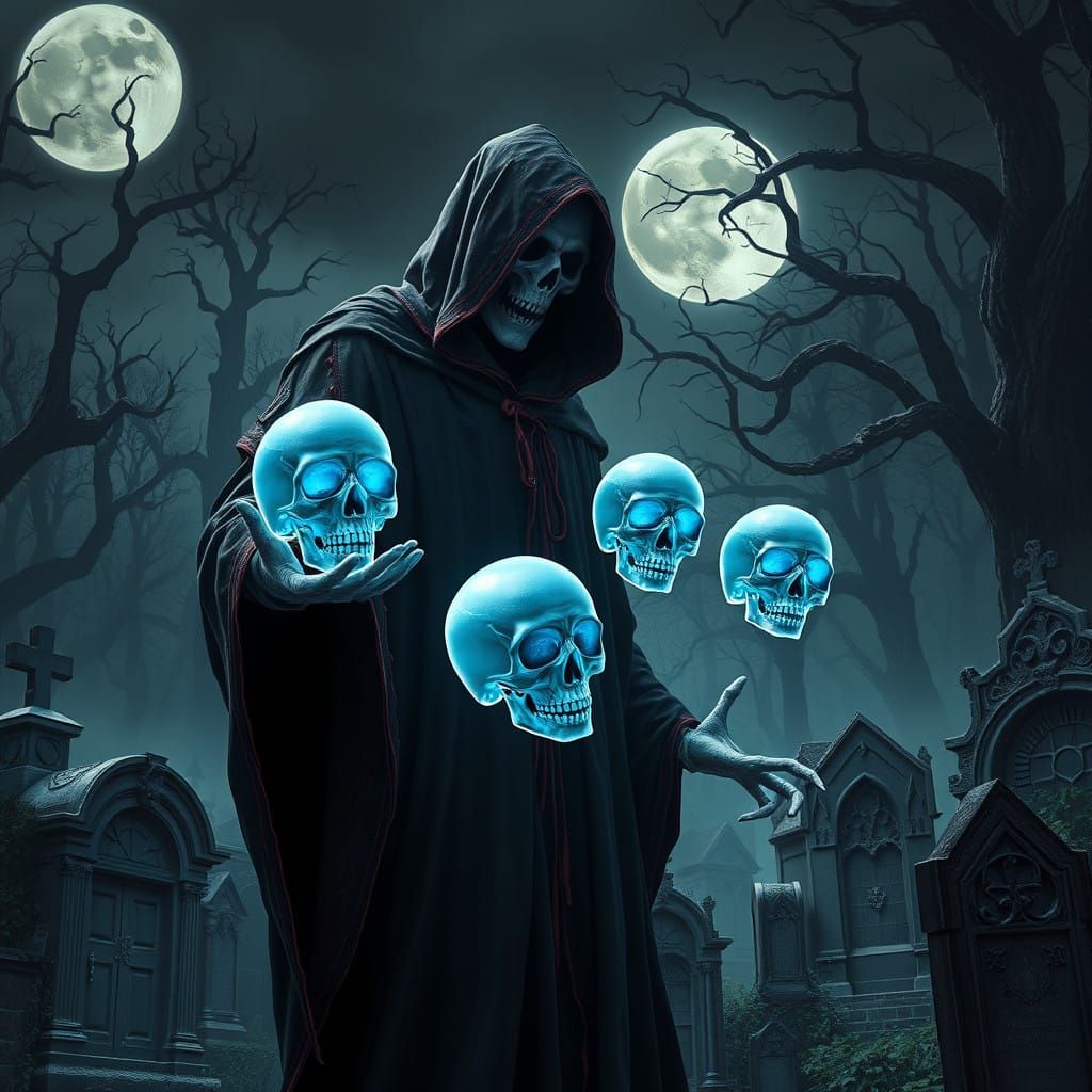 Grim Reaper Juggles Ghostly Skulls in Haunting Moonlit Grave...