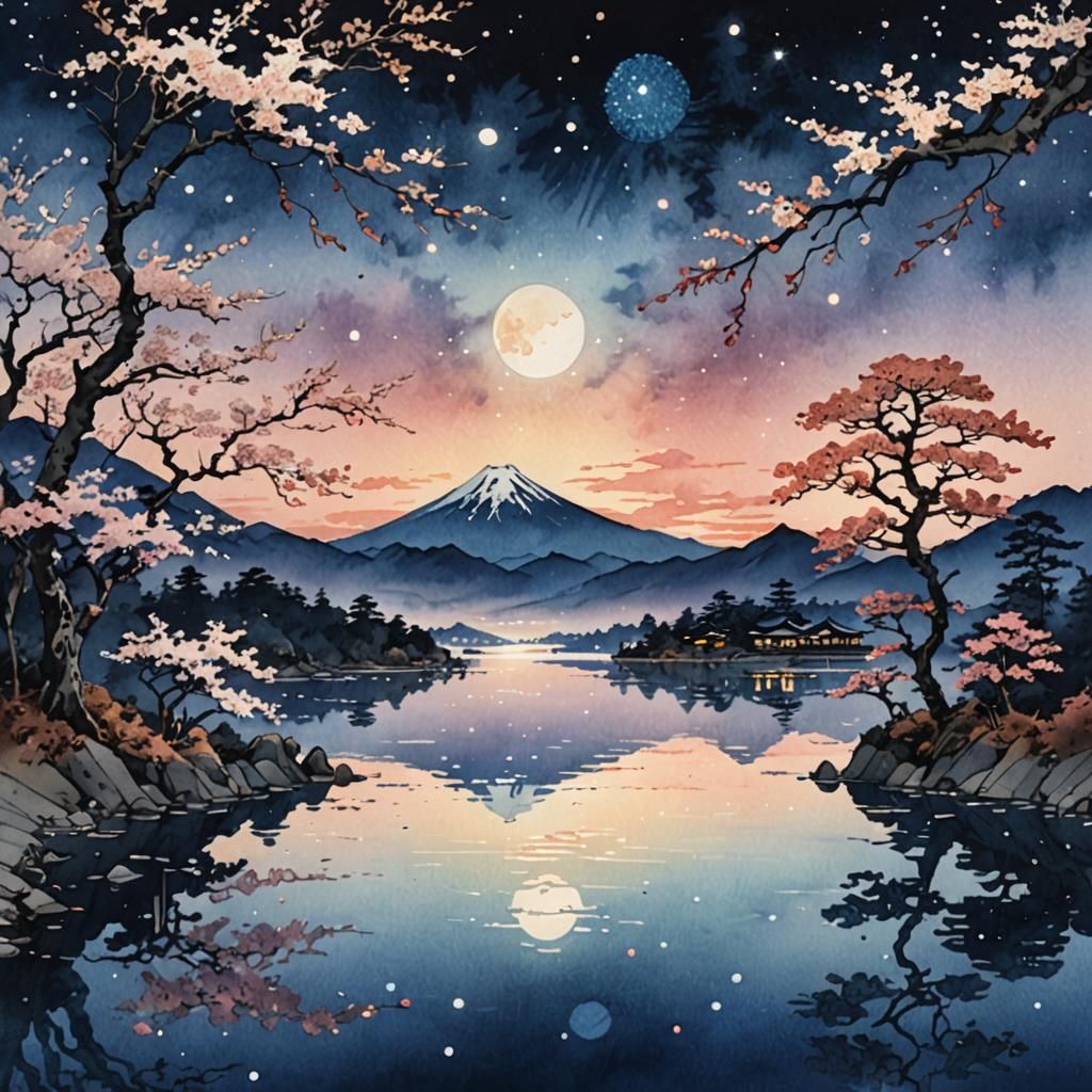 Night Lake Watercolor with Mountains and Blossoms