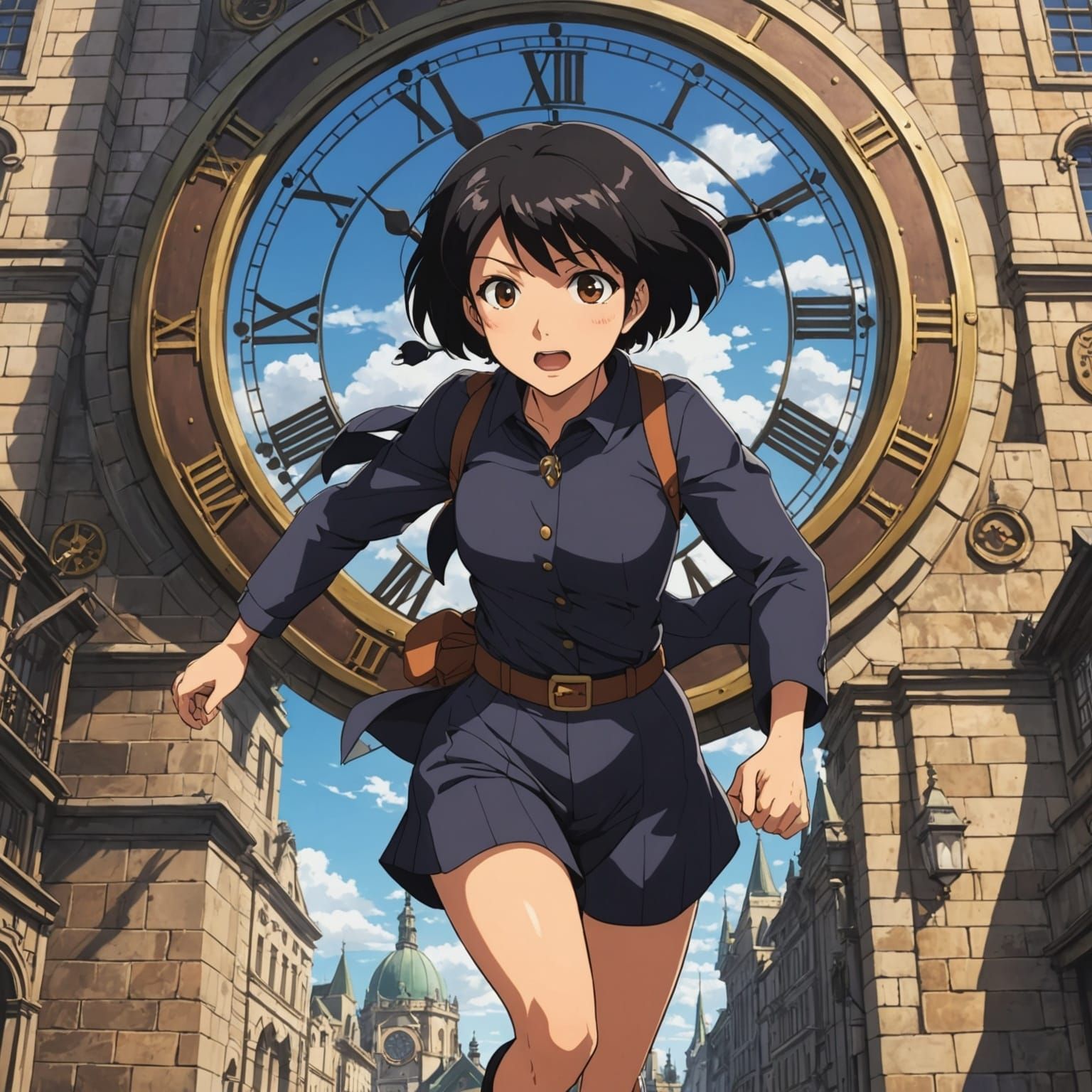 Anime Woman Running in Clock Tower