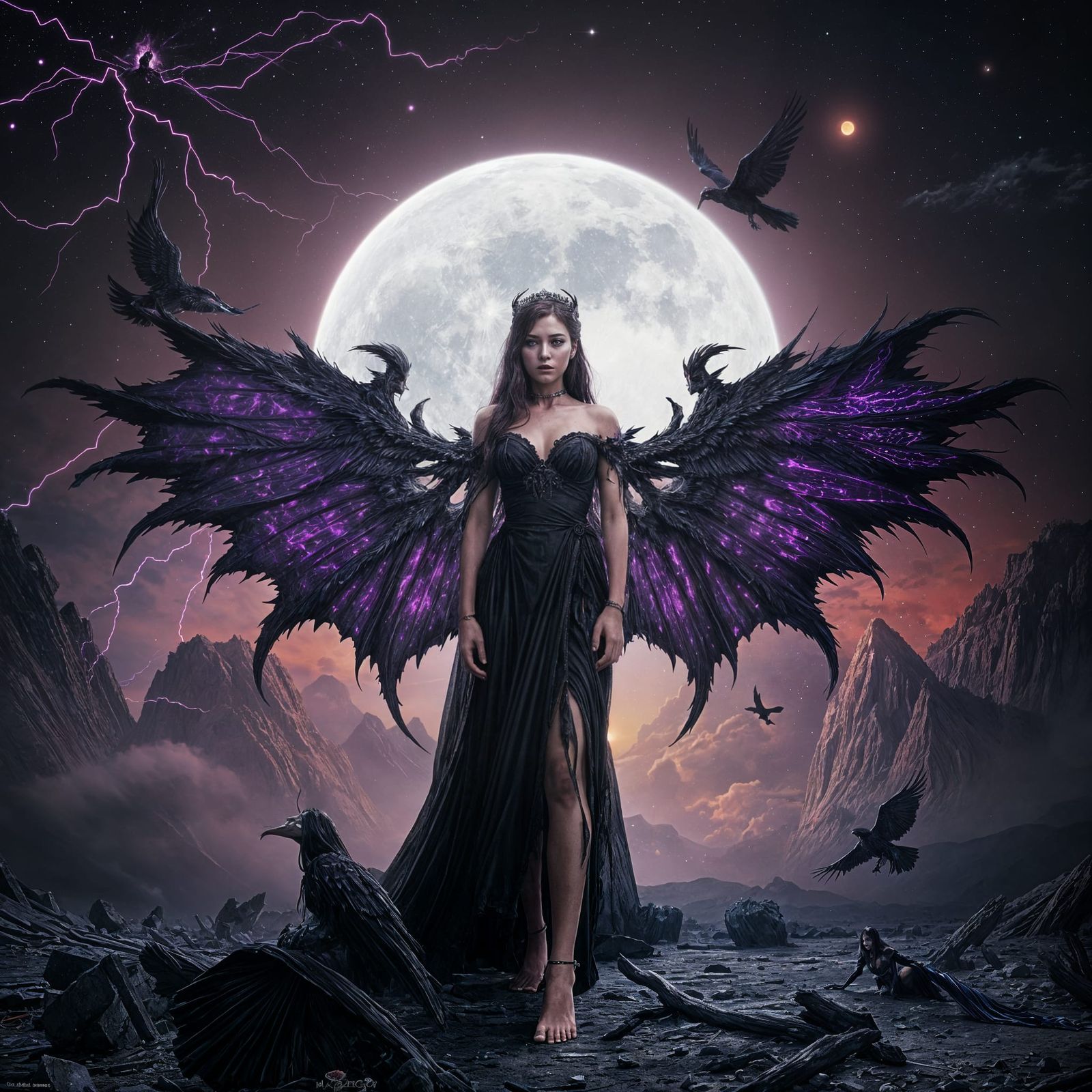 Celestial Queen Amidst Ruins of Shattered Dimension in Blood...